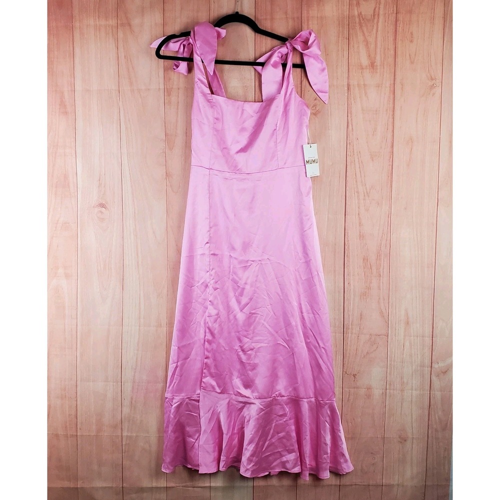 Show Me Your Mumu Midi A Line Dress Womens Medium Pink Satin Smocked Side Slit - Picture 1 of 10